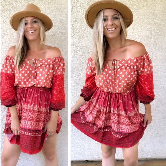 New! Clearance 🔥 Desert Red Boho Off theShoulders Ruffle Dress - Picture 8 of 15